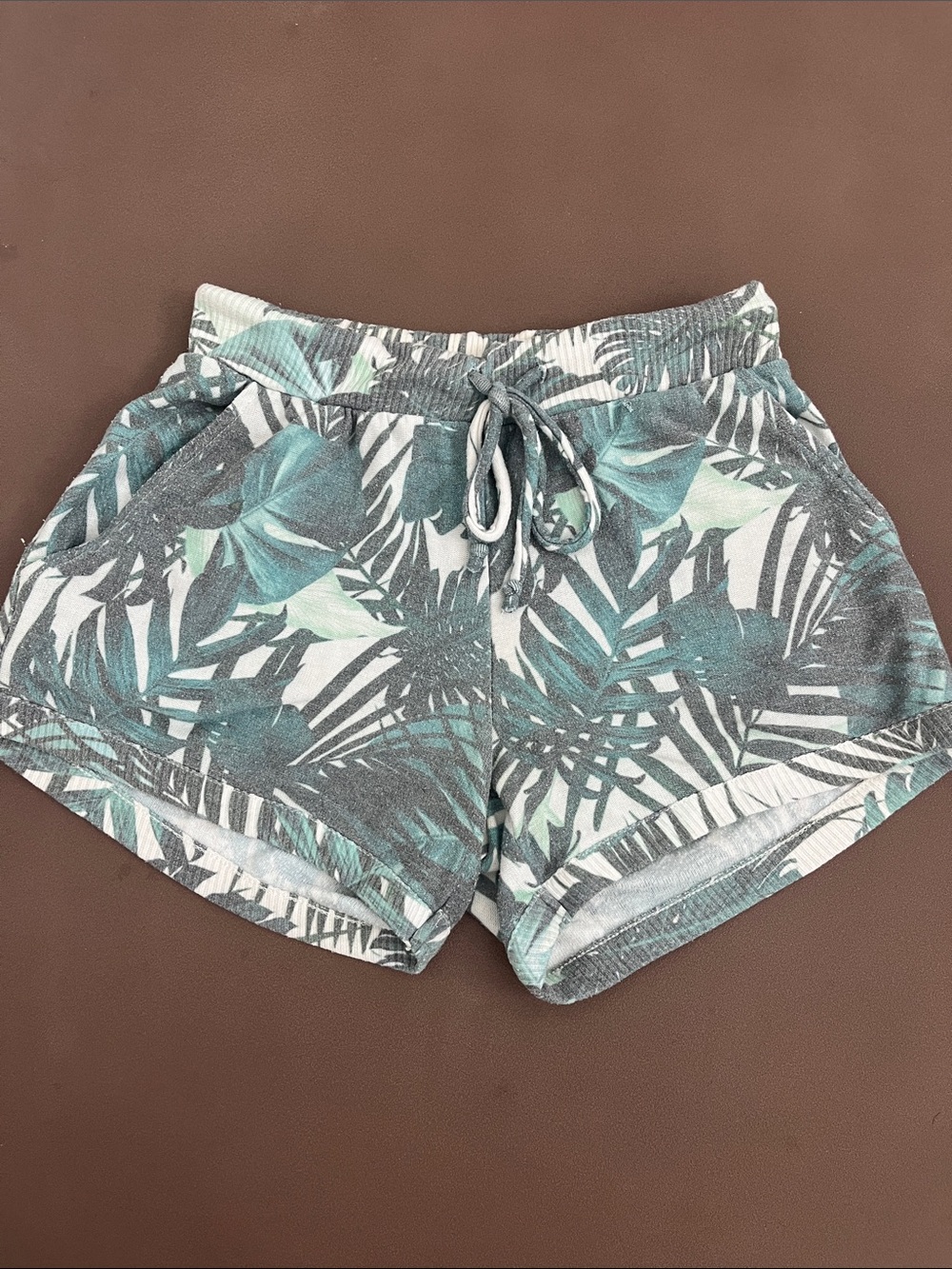 Tropical Leaf Drawstring lounge Shorts - Teal & White super soft small